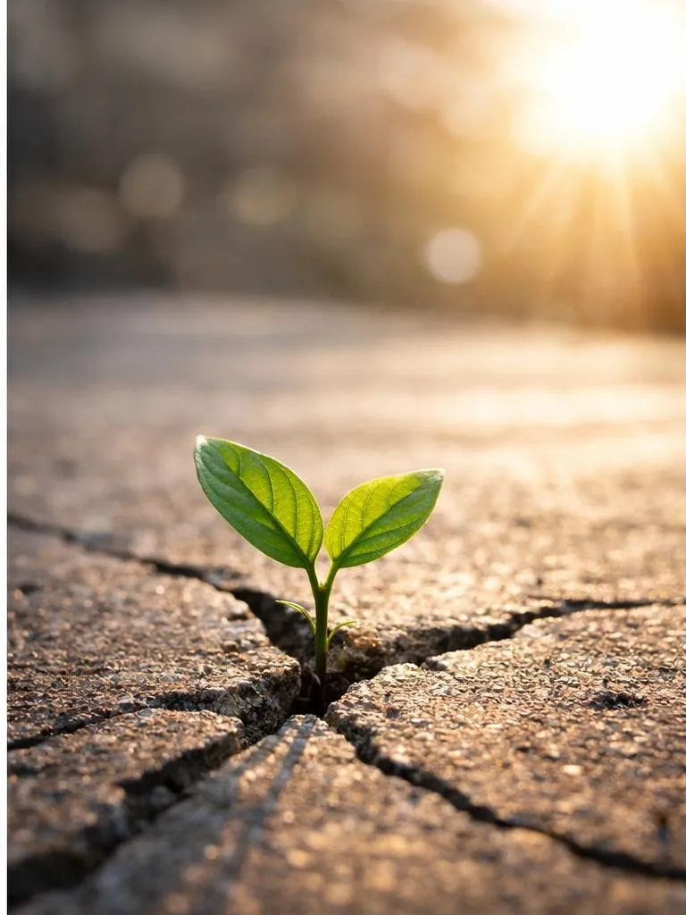 Plant growing through concrete, symbolizing resilience